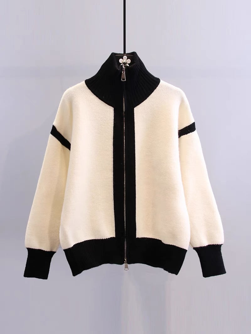 Stand-up collar zipper design sweater jacket women's winter 2022 new loose and lazy style contrast color knitted cardigan