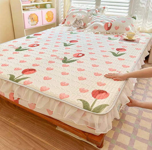 Summer Ice Silk Latex Mat Fitted Sheet Three-piece Set Girl Machine Washable Single Double Mattress Air Conditioning Soft Mat