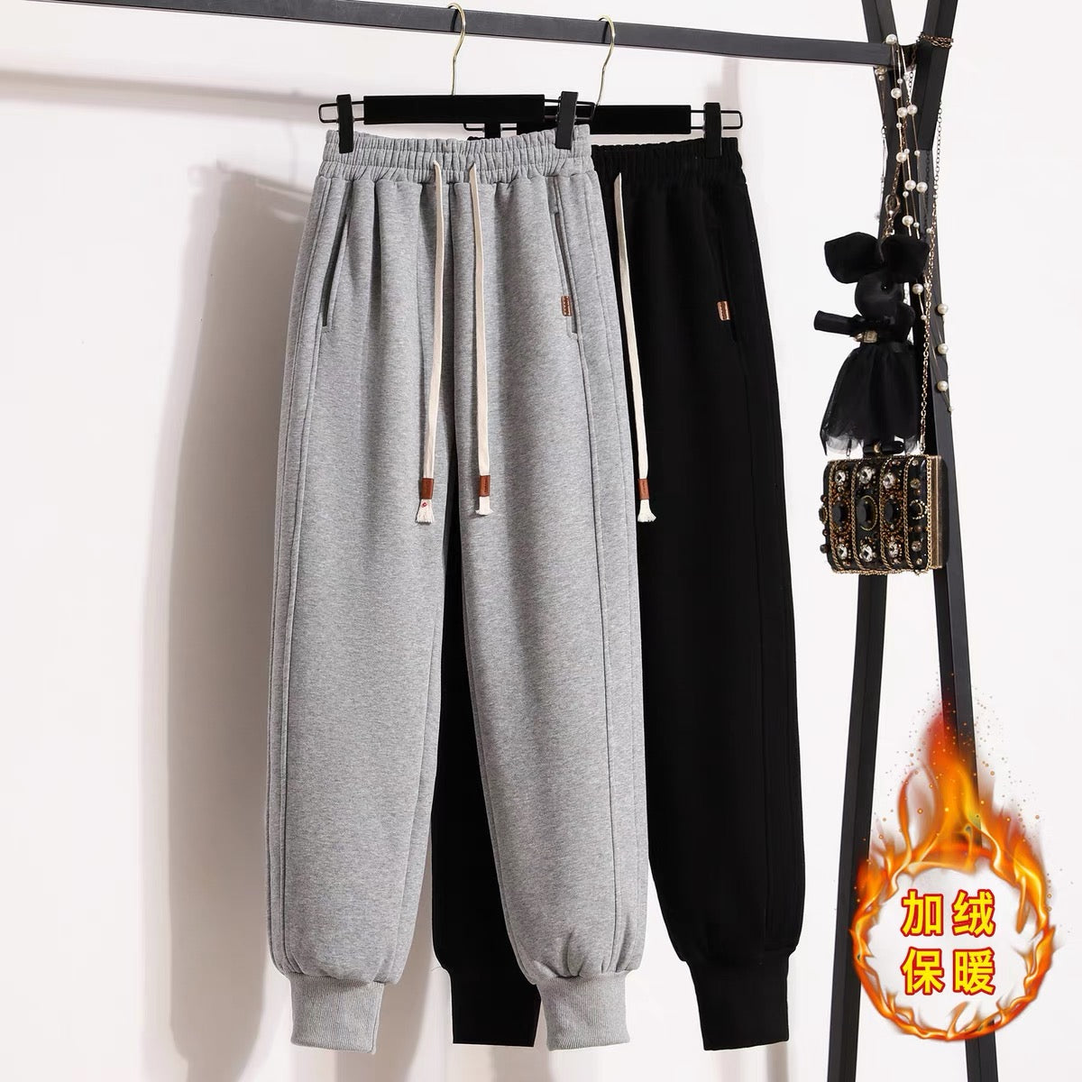 Grey sweatpants high waist and thin 2022 new autumn and winter loose warm plus velvet leggings casual pants