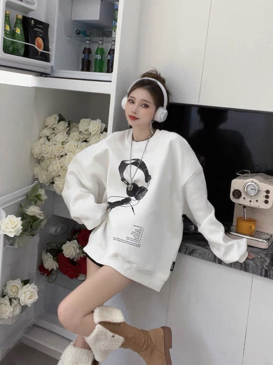 Mid-length fleece sweater women's spring and autumn 2022 new loose round neck American retro small top ins tide