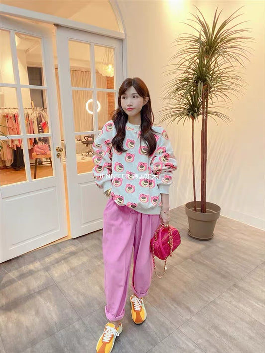 JENNIFER JXLIU Korean winter cute cartoon pink bear print light gray plus velvet loose thick sweater