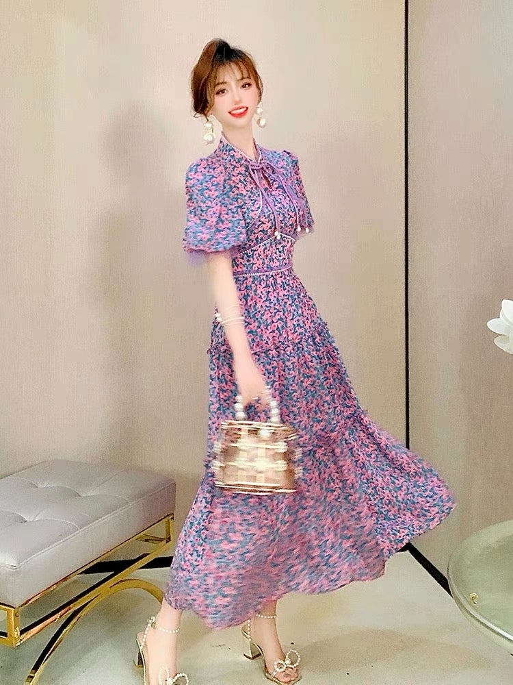 Feijie custom retro temperament dress 2022 summer new women's waist and slim puff sleeve floral skirt