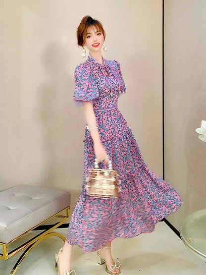 Feijie custom retro temperament dress 2022 summer new women's waist and slim puff sleeve floral skirt