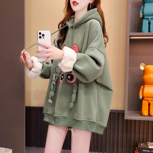 Fleece and thickened hooded sweater women's 2022 new autumn and winter hot style fashion western style age-reducing loose design coat