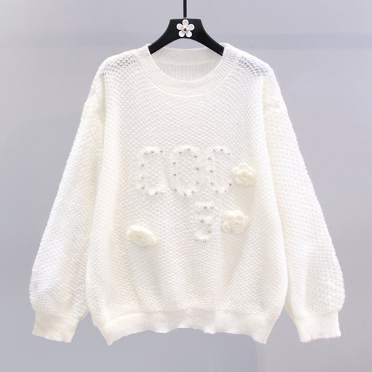 Three-dimensional flower letter beaded knitted sweater women's 2023 spring new loose high-quality thin section bottoming sweater