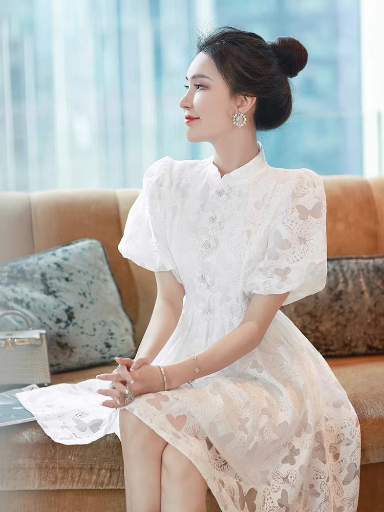 Sweet temperament puff sleeve dress summer girl 2022 new skirt new Chinese style white butterfly waist tutu skirt