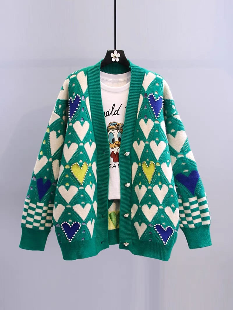 Beaded love design sweater jacket women's spring 2022 new style lazy style loose western style knitted cardigan