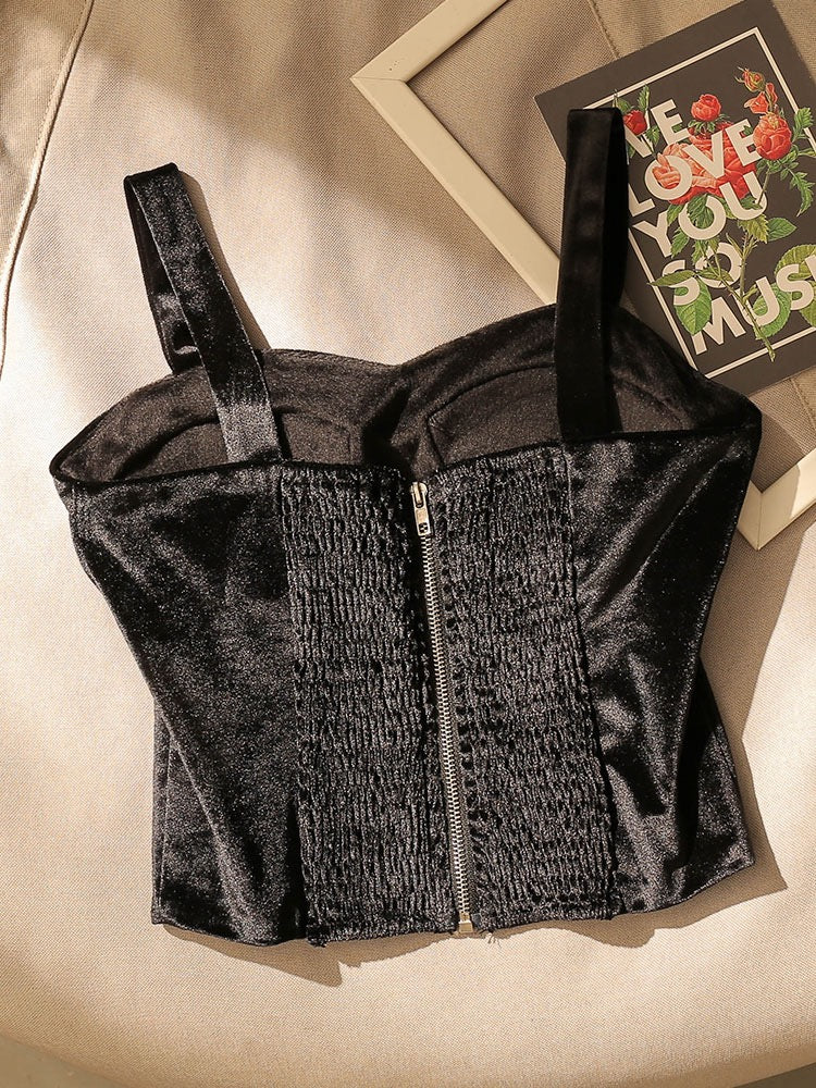 French style black velvet camisole women's suit with sexy chest pad bottoming tube top sleeveless top