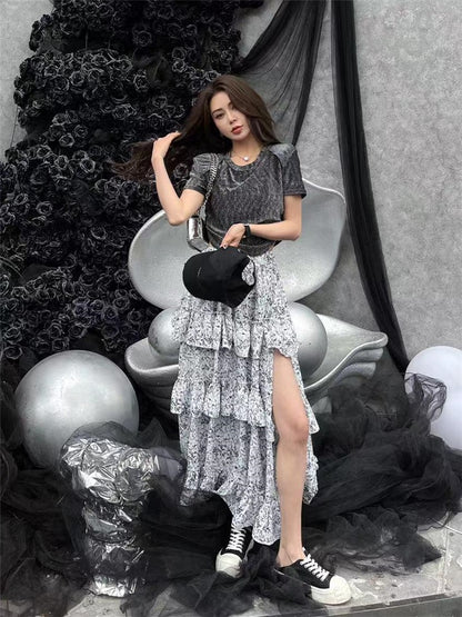 2023 spring and summer fashion all-match slim waist short-sleeved top + high waist slit floral skirt two-piece set