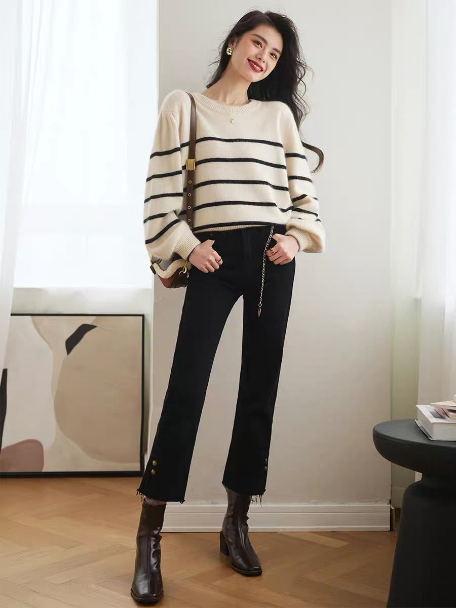 Balloon Sleeve Striped Raccoon Fleece Sweater