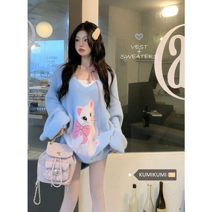 kumikumi cat sweater women's soft waxy imitation mink wool sweater winter lazy style V-neck blue top