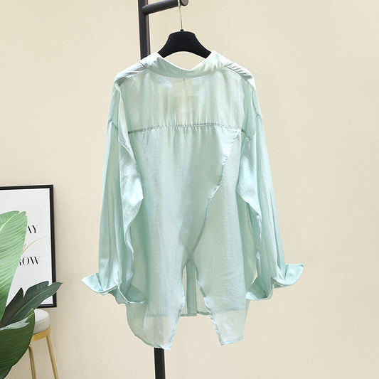 Candy-colored tencel shirt women's 2023 new French style solid color thin shirt long-sleeved micro-transparent sunscreen jacket