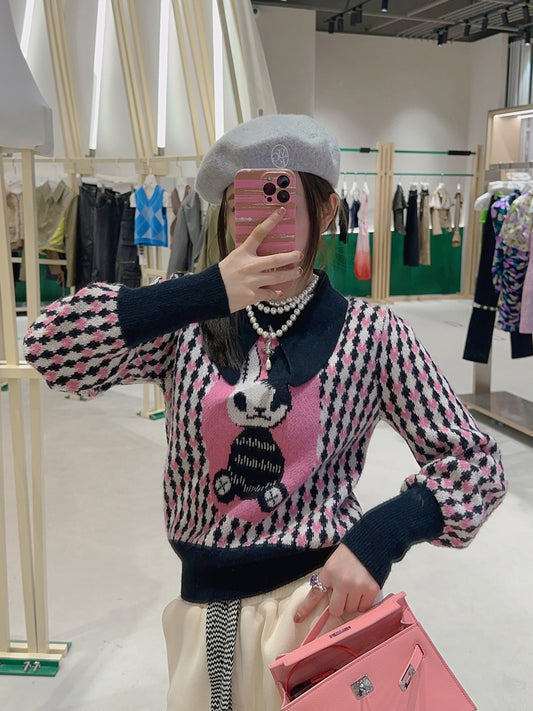 Thebestxue lapel retro cute rabbit diamond knitted sweater women autumn and winter 2022 new top trend