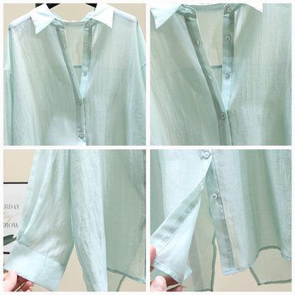 Candy-colored tencel shirt women's 2023 new French style solid color thin shirt long-sleeved micro-transparent sunscreen jacket