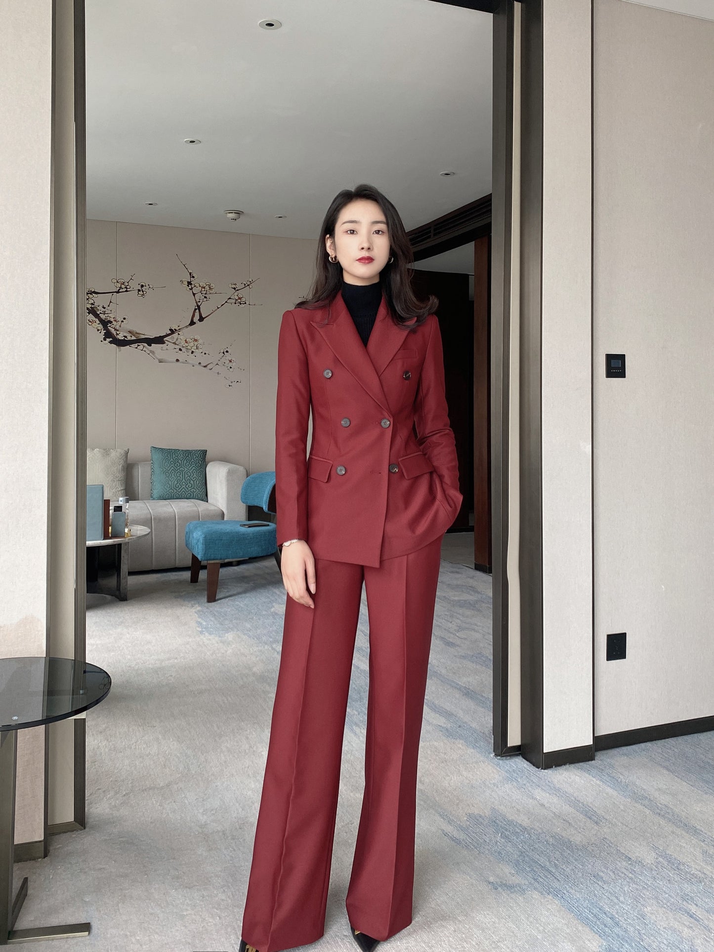 Autumn and winter thick wool suit annual meeting event Christmas wine red white commuter suit straight wide-leg pants suit