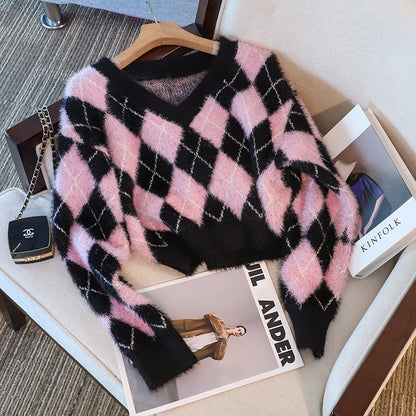 2022 autumn and winter new soft waxy V-neck slim rhombic short sweater imitation mink pullover sweater tops women's fashion