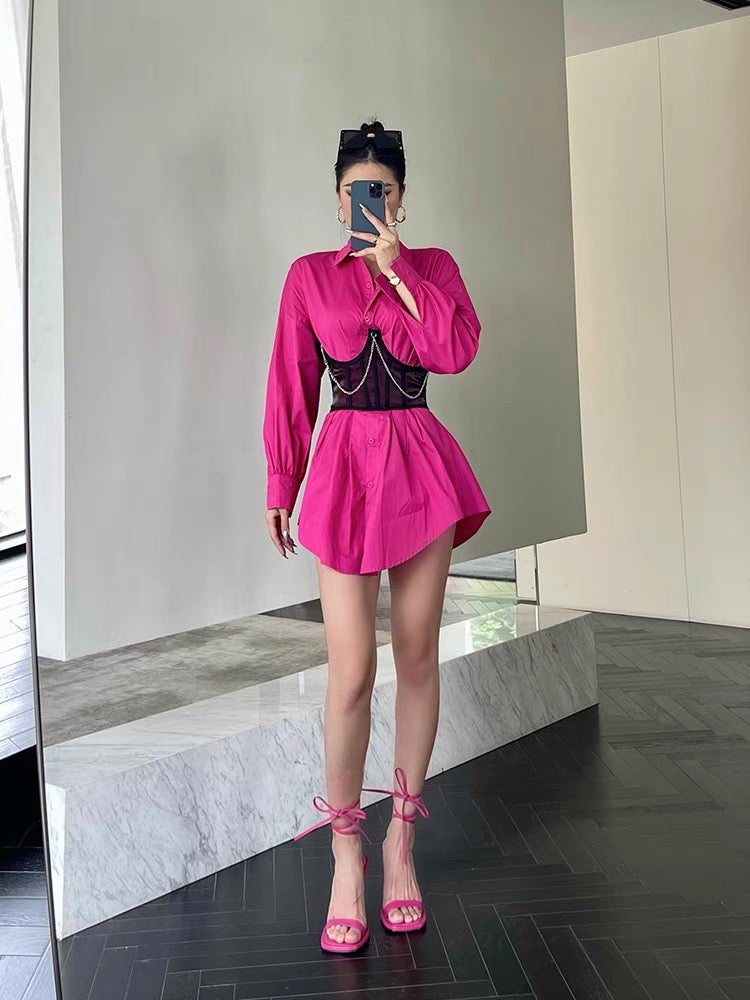 Well also rose red long-sleeved shirt dress women's summer high waist slim short skirt mesh fishbone corset