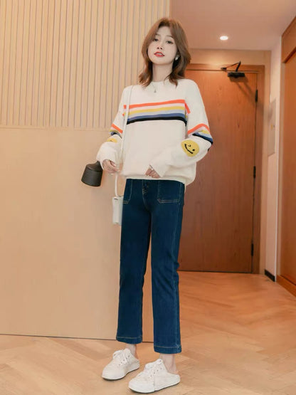 Small grain design round neck striped sweater women's 2022 autumn and winter new small age-reducing knitted long-sleeved top