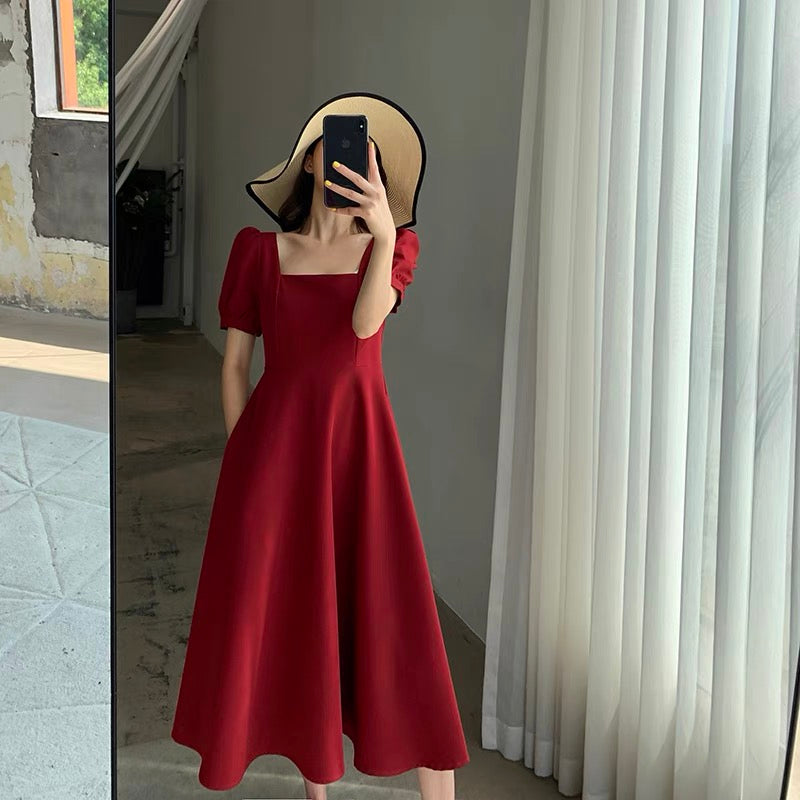 FT GUOGE red dress women's 2022 summer dress new square collar French retro temperament puff sleeves engagement dress