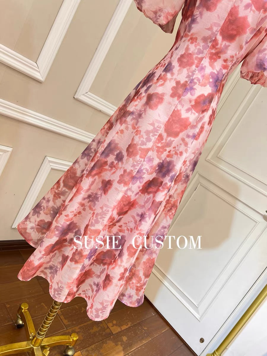 Customized retro tie-dye print V-neck beaded puff sleeves slim fit waist A large swing long skirt dress