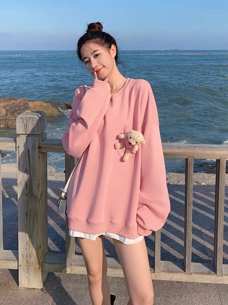 ins Western style age-reducing cute bear pink sweater women's 2022 spring and autumn new lazy style Korean style student top