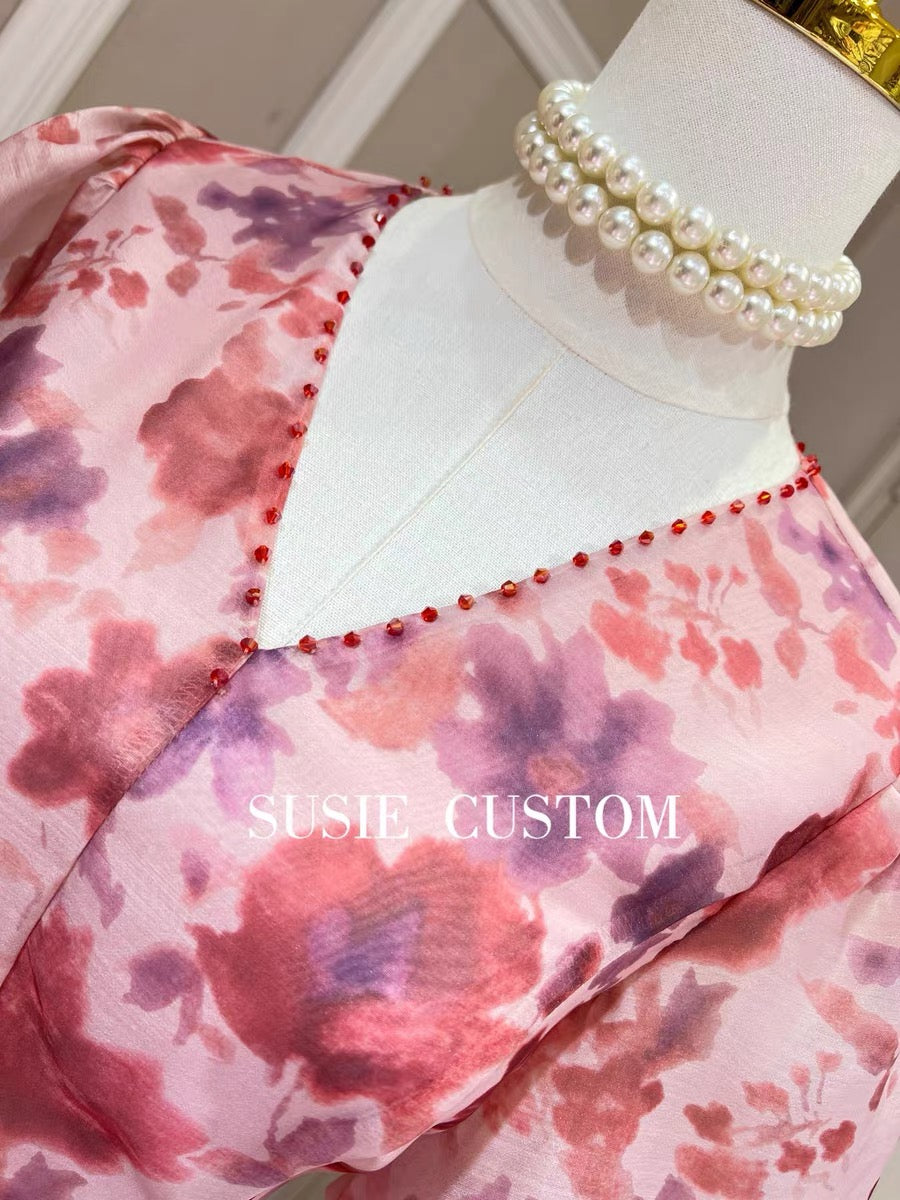 Customized retro tie-dye print V-neck beaded puff sleeves slim fit waist A large swing long skirt dress