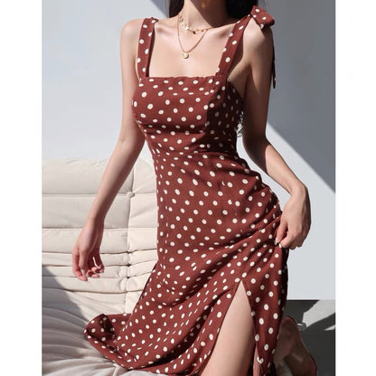 French retro temperament polka dot wide-brimmed suspender dress sexy lace waist slim side slit over the knee long skirt