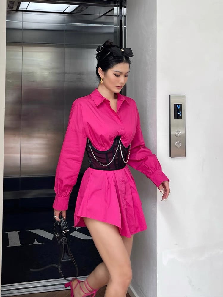 Well also rose red long-sleeved shirt dress women's summer high waist slim short skirt mesh fishbone corset