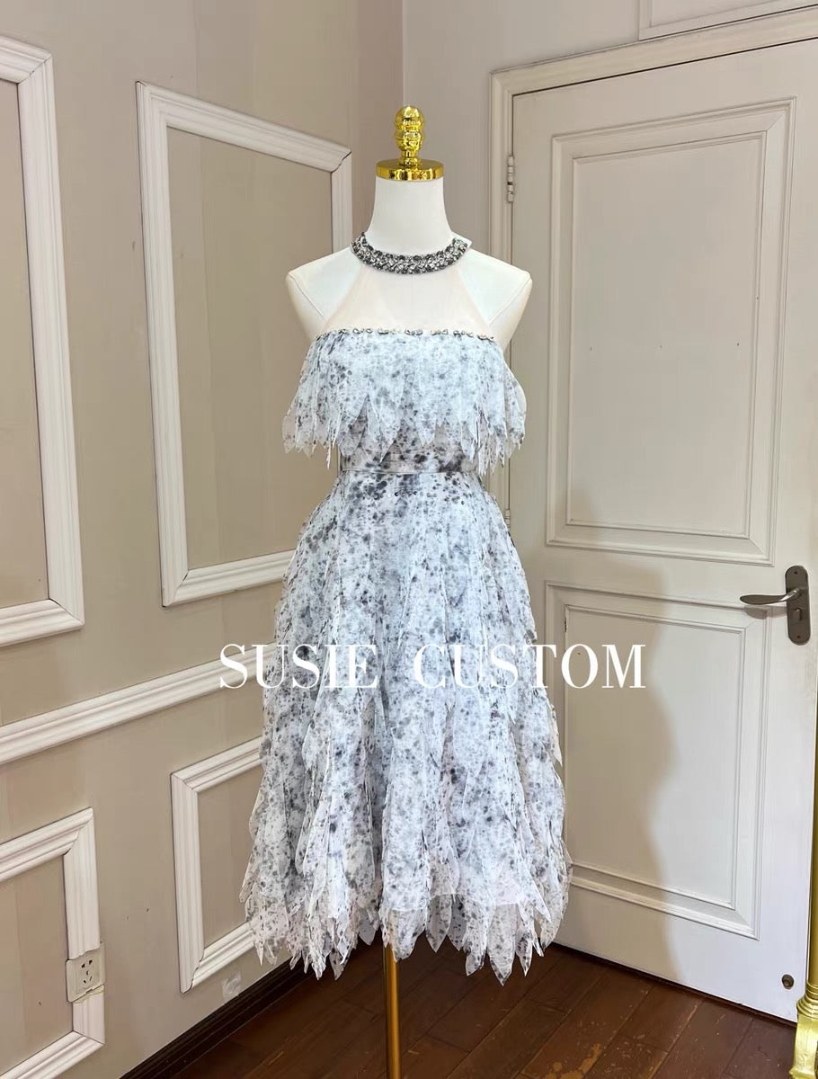 High custom heavy industry rhinestone decoration halter neck mesh tassel slim waist tutu skirt ink printing dress skirt