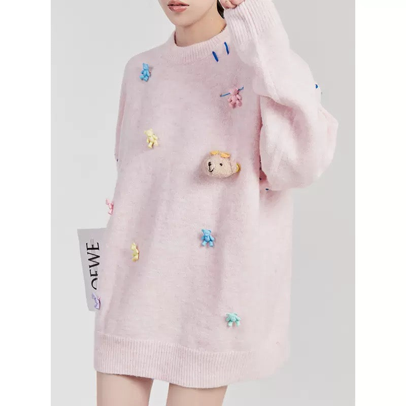 LLL LAB/ Gentle Wind Soft Waxy Sweater Pink Line Strawberry Milkshake Bear Aberdeen Small High Sense Knit Sweater Women 1641