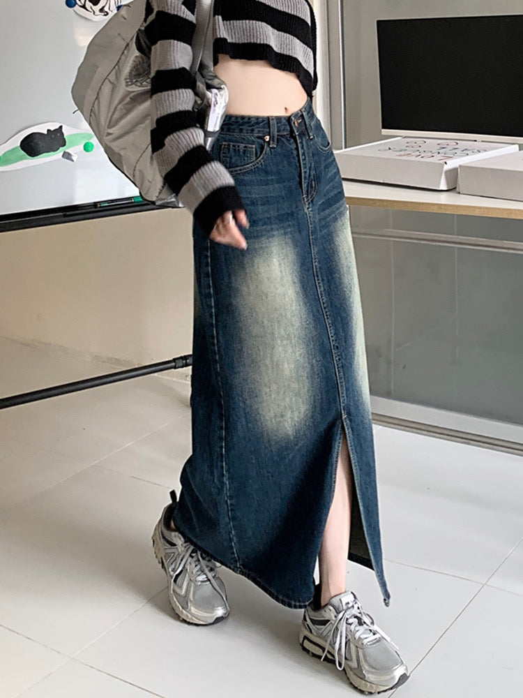 Triangle Wardrobe High Waist Skirt Female Spring New Retro Grinding White Denim Skirt Knee Slit A Word Package Hip Skirt