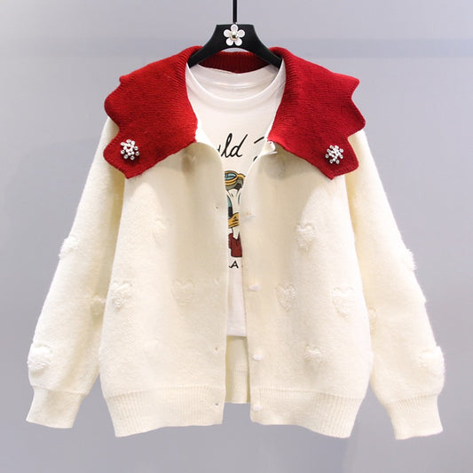 Contrasting color doll collar sweater cardigan female spring 2023 new Japanese style loose high-end western style sweater jacket