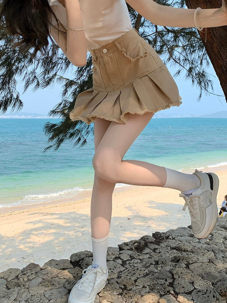 Girls Khaki Contrast Stitch Denim Skirt | Primark