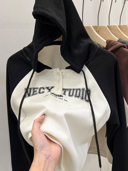 European goods hooded t-shirt women's long-sleeved short top 2022 new raglan design sense niche sweater bottoming shirt women