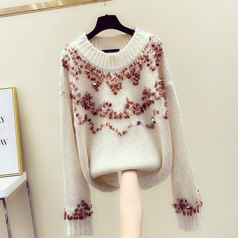 Heavy Industry Sequined Sweater 2021 Autumn and Winter New Products Korean Style Lazy Wind Outerwear Loose Pullover Knitwear Women's Top Trend