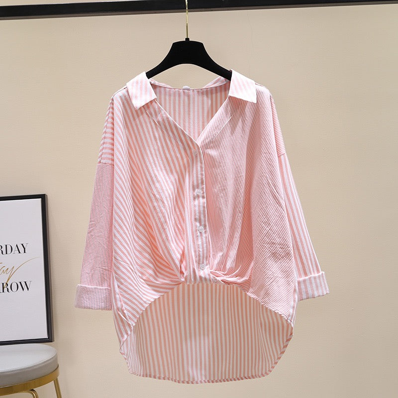 Striped shirt women's 2023 early spring new girly sense of wearing loose shirt long-sleeved ladies top short in front and long in back