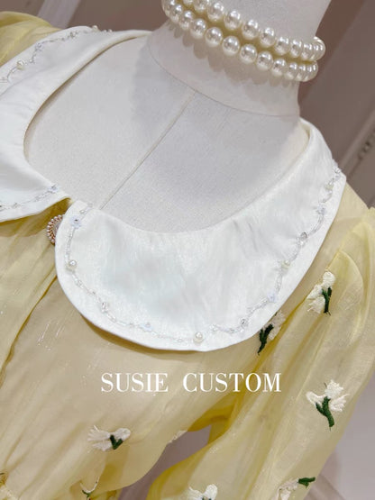 High custom heavy industry embroidery flower doll collar beaded puff sleeves single-breasted straps waist wide swing slit long skirt