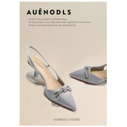 AUENODLS leather light gray bow back empty strap pointed high-heeled shoes French stiletto toe sandals women