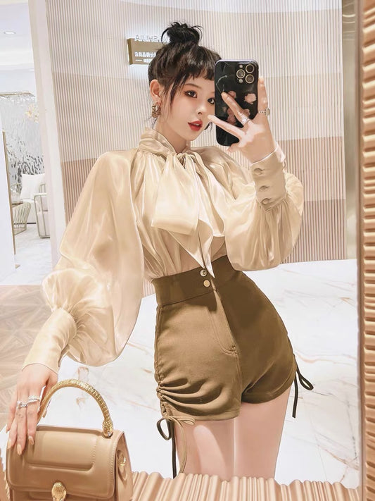 (Pre-Order) Champagne bow chiffon shirt women's long-sleeved high-quality design niche light luxury shirt spring 2022