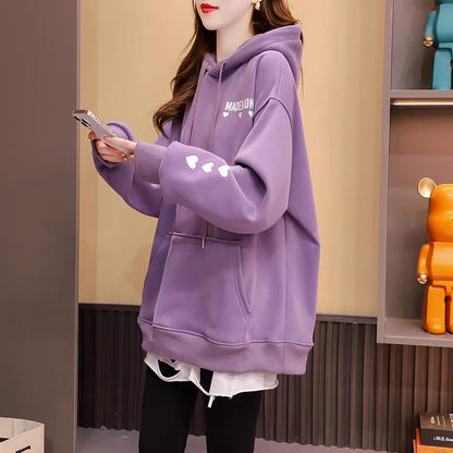 Fleece and thickened hooded sweater jacket women's 2022 new autumn and winter hot styles foreign style age reduction loose design tops