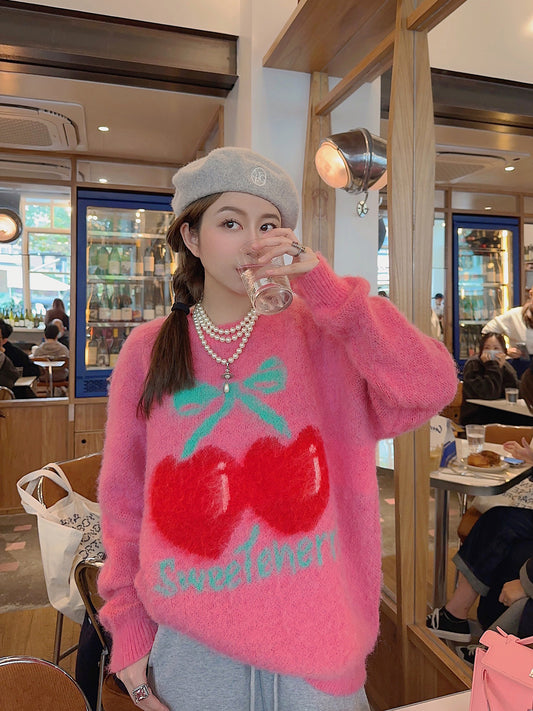 Thebestxue Korean version of loose fashionable girl pink cherry sweater women's thickened winter 2022 new tops