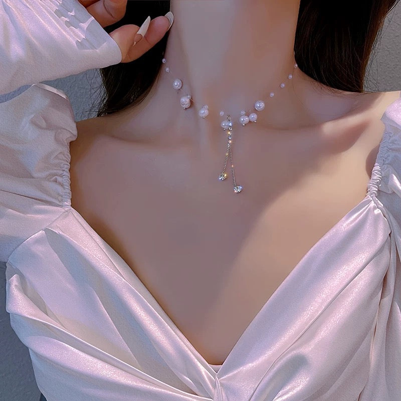Mermaid's Tears ~ Natural Pearl Flash Diamond Tassel Necklace Women's 2021 New Light Luxury Small Necklace