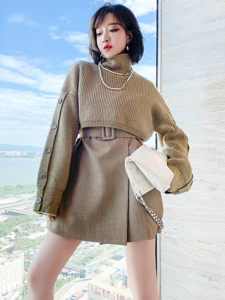 MIUCO retro high-necked short knitwear + double-breasted belted vest dress two-piece set