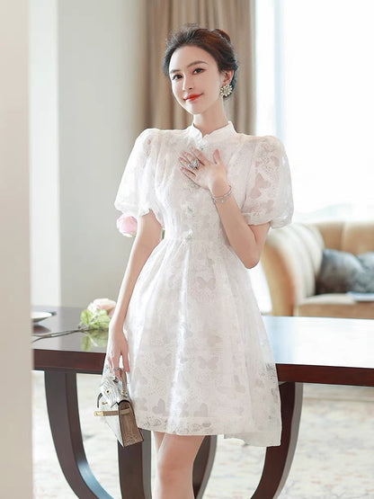 Sweet temperament puff sleeve dress summer girl 2022 new skirt new Chinese style white butterfly waist tutu skirt