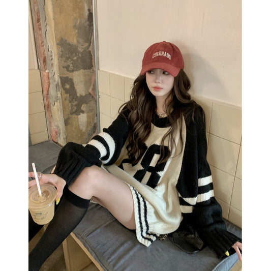 kumikumi loose all-match lazy wind sweater women 2022 autumn new contrast color round neck pullover knitted top