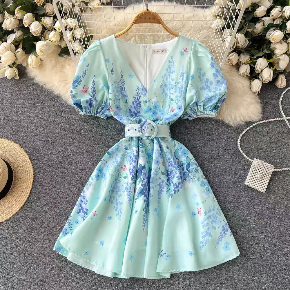 2022 new summer French loose sweet V-neck short-sleeved skirt mid-length lace-up floral dress