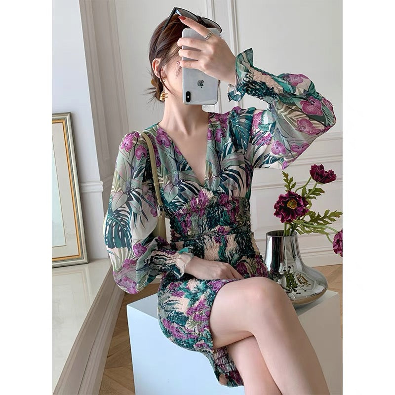 MONA original summer heavy industry super laborious and fine hand-printed cable printing clear color dress women