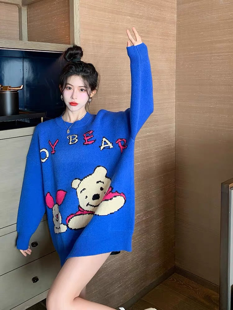 Tide brand cartoon bear sweater women's loose outer wear mid-length Korean style autumn and winter pullovers all-match western style knitted sweaters