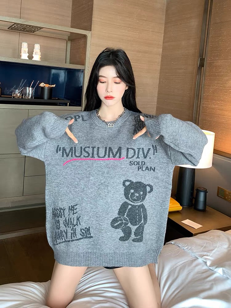 Korean Grey Cartoon Bear Sweater Women's Hong Kong Style Western-style Age-reducing Tops Autumn and Winter Loose Pullover Sweaters