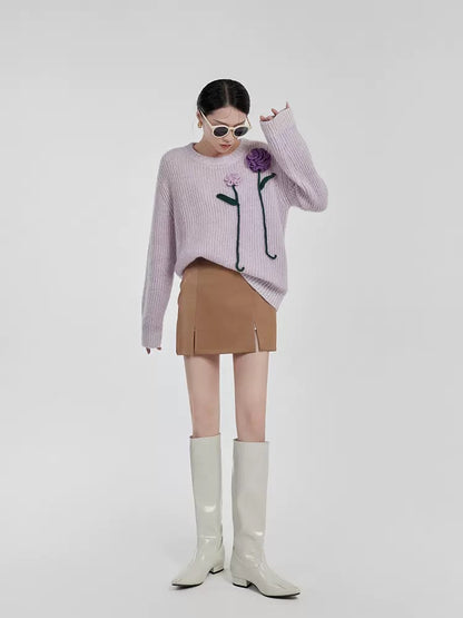 LLL LAB / three-dimensional flower sweater design sense niche purple lazy sweater French gentle top early autumn 1645